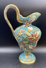 Hubert Bequet Quaregnon Painted Turquoise Gold Embossed Pitcher Vase Belgium 274