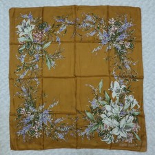 JACQUELINE FLEURISTE Brown Flower Silk Scarf Scarves 33" X 34.5" O604
