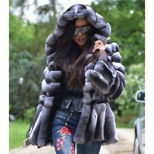 2024 Women Winter Chinchilla Real Rex Rabbit Fur Coat Full Pelt Hooded Overcoat