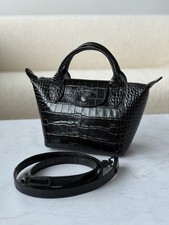 Longchamp Le Pliage Cuir Croc Embossed Mini Bag w/ Strap Black Light RARE