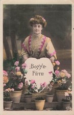 CP WOMAN FLOWERS IN HAIR FEATURING PARTY SIGN IN FLOWER POTS