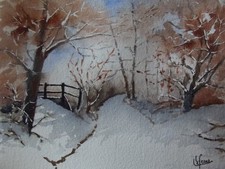 Aquarelle originale signée  paysage sous la neige