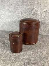 Boîtes de bureau en cuir marron cylindrique Porte-cigare + Boite Allumettes 1950