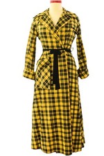 60s Yellow Plaid Flannel Wrap Robe Belted Long Lounge Dress Western Style Size L