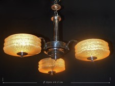 chandelier French art deco chrome plated 3-branch hand moulded shades Rare 1930s