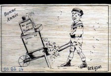 HAPPY NEW YEAR / CHILD with WHEEL / POSTCARD wooden illustrated BERGSON