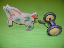 ANTIQUE WOOD AND METAL HORSE TOWING TOY WITH BELL