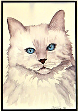 Animal Watercolor Painting "Sacred Cat Of Burma" Signed Madeleine CB