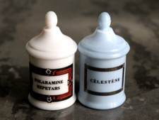 2 Small Antique Apothecary Pharmacy Opaline Glass CELESTENE & POLARAMINE Jars