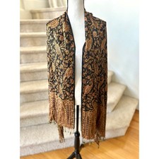 Chocolate Brown Golden Tan Reversible Paisley Fringe Pashmina
