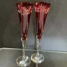 Vintage Lenox Champagne Flutes Red Etched Glass Set 2 Chech Republic 11 in #09