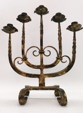 Grand chandelier 5 Branches Art Brut fer forgé doré 1950