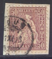 SWITZERLAND 59 Z43 1867-78 50c VIOLET SEATED HELVETIA USED ON PIECE (#2) CV$85