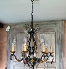 Lustre en fer forgé vert et doré feuillages et pampilles 8 feux