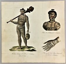 vintage tinted 1811 engraving ethnic tattoo Marquesas South seas native tatouage