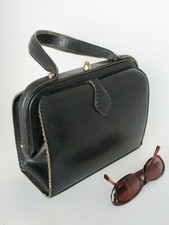  Antique Black Leather Handle Handbag, Vintage, 40-50s