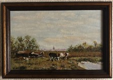 Paysage normand animé de vaches. Huile sur panneau de bois encadrée