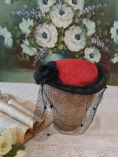 ANCIEN CHAPEAU BIBI VOILE NOIRE ROUGE VOILETTE FLEURS