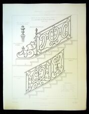 Antique engraving, wrought iron ramp, Louis XV style old hotel rue de Suresne