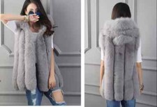 Veste Femme Manteau Gilet Fourrure Écologique Synthétique Gris Capuchon 38991