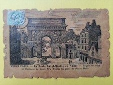 Old postcard leather parchment PARIS historic La Porte Saint Martin in 1685