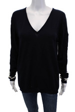 Fusalp Womens Wool Striped Detail V-neck Long Sleeve Sweater Top Blue Size L