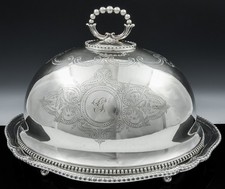 FINE LARGE VICTORIAN ETCHED SILVER PLATE DOME COVER CLOCHE w MEAT PLATTER TRAY