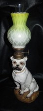 Antique Bull Dog Miniature Figural Porceloain Oil Lamp & DQMP Yellow Shade Mint
