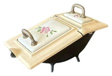 Antique Cast Iron Fireplace Coal Ash Hod Scuttle Bin Floral Enamel Nestor Martin