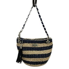Auth SALON DE ALFURD - Beige Dark Navy Silver Straw Hardware Leather Handbag