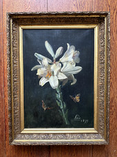 HST STILL LIFE WHITE LILY UNDERWOOD BUTTERFLY PAINTING LATE 19TH CENTURY SIGNED