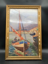 French School circa 1930 - Watercolor Fishing Boat Returning to Port Signed