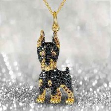 1.50Ct Round Cut Lab-Created Diamond Doberman Pendant 18" 14k Yellow Gold Plated