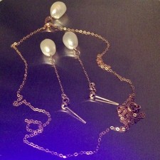 Lot Or 18 Carats Collier Chaine Pendentif-Boucles d’Oreilles Pendantes Perle 750