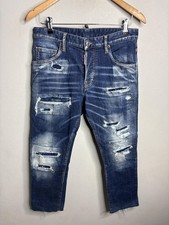 Dsquared2 Jeans Mens 46 Blue Distressed Cropped Whiskered Frayed Hem Tapered