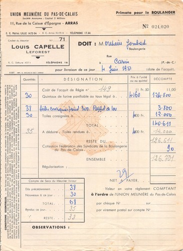Facture 1951 union meuniere - ,