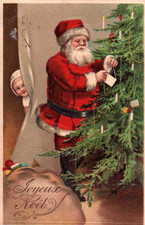 Old postcard Merry Christmas - Santa Claus - tree