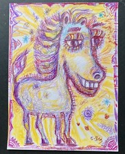 Tableau peinture Cheval poney jument mustang pur sang 21x30cm signé S.Dez