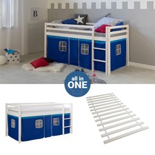Lit superposé 90x200 Lit d'enfant mezzanine Lattes Bois Rideau Bleu Homestyle4u