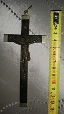 T2- Antique Silver Brass Crucifix Pectoral Cross Black Wood Jesus Christ 