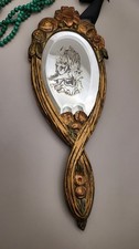 Antique Carved Gilded Wood Hand Mirror - Floral Decor