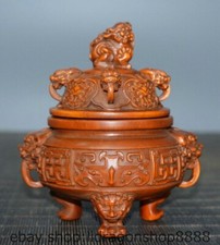 4 "Chine vieux buis sculpté lion bête encensoir censer