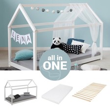 Lit D'Enfant 80x160 cm avec Matelas Lit Cabane Blanc Montessori Bébé Homestyle4u
