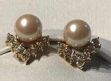 Vintage Signed MONET Jewelry Earrings 22k Gold Plated Swarovski Crystals Pearls