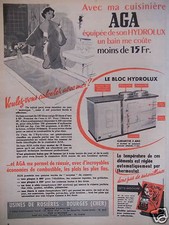 PUBLICITÉ 1956 CUISINIÈRE ROSIÈRES AGA LE BLOC HYDROLUX ÉCONOMIE COMBUSTIBLE