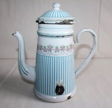 Antique Glazed Sheet Metal Coffee Maker, BB France Brand, Flower Garlands