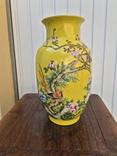 Ancient Chinese Pink Family Vase - Imperial Yellow Background - Birds and Flowers - 