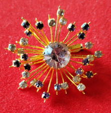 BROCHE VINTAGE DORE - PLAQUE OR PIERRES SEMI PRECIEUSES - SOLEIL RAYONS