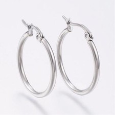 1 PAIRE CREOLES ARGENTE env. 30mm BOUCLES D'OREILLES ACIER INOX HYPOALLERGENIQUE