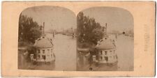 Paris 1860.Photo Stereo Radiguet & Fils. View of the Seine. Bridge. Boat. Peniche.
